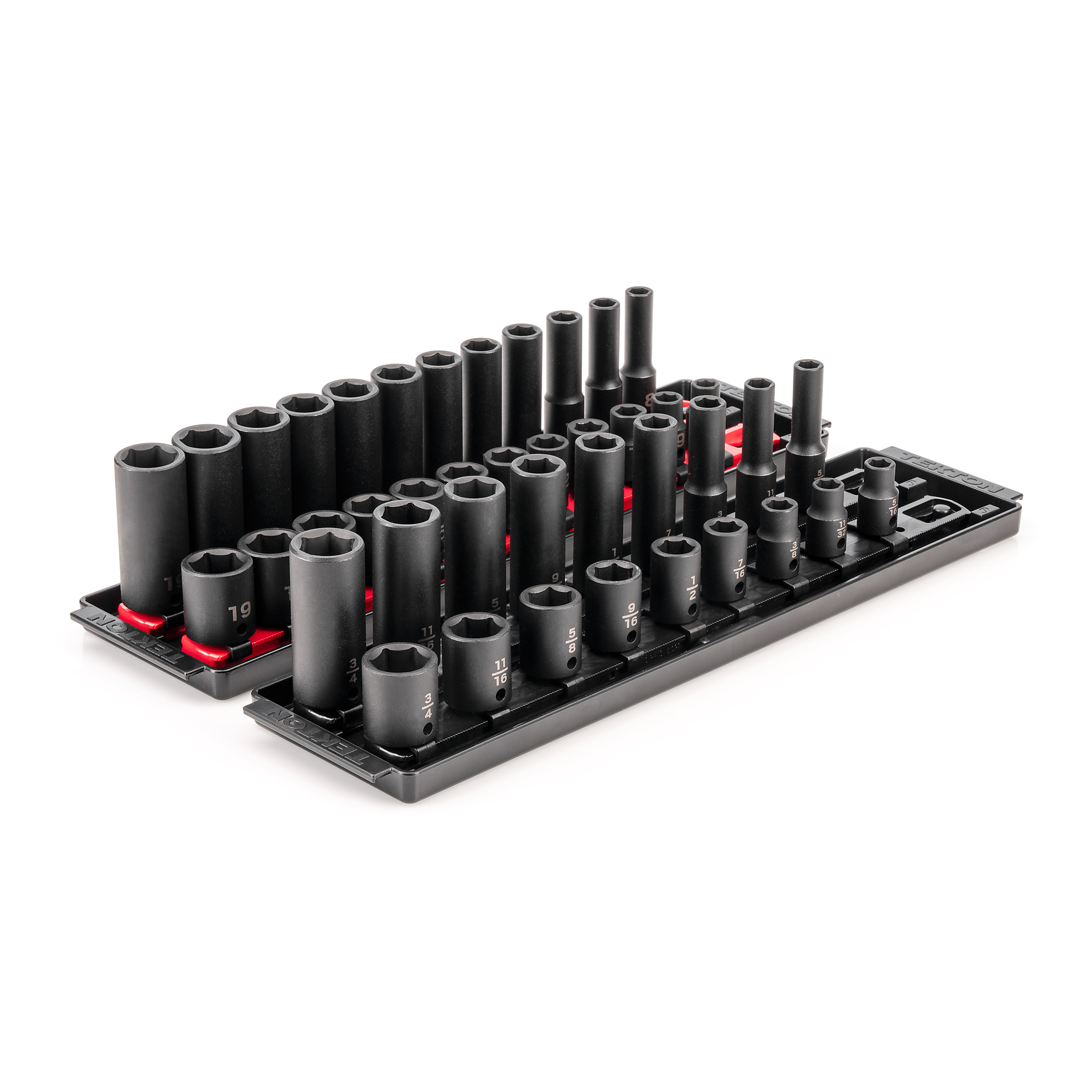 TEKTON 3/8 Inch Drive Shallow and Deep 6-Point Impact Socket Set with Rails and Trays, 42-Piece (5/16 - 3/4 in., 8 - 19 mm) | SID91216